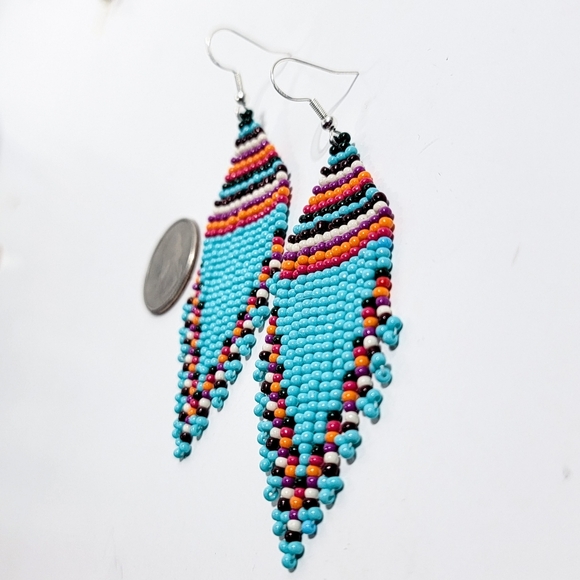 Handmade Turquoise Blue Tribal Patterned Fringe Seed Bead Earrings - Picture 4 of 5